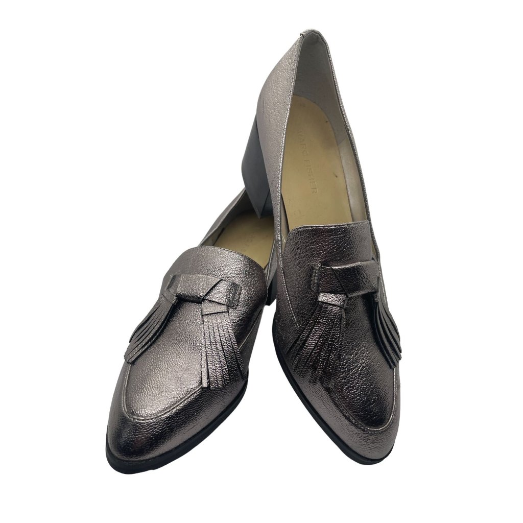 Marc Fisher Silver Pebbled Leather Heeled Loafer Style